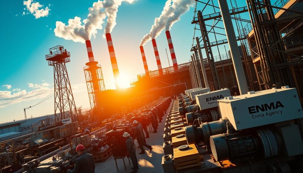 A bustling manufacturing facility in the heart of America, with towering steel structures and smokestack plumes against a blue sky. Rows of workers in hard hats move with purpose, operating state-of-the-art machinery emblazoned with the ENMA Agency logo. The sound of clanging metal and whirring engines fills the air, as new products roll off the assembly line. Sunlight streams through the windows, casting a warm glow over the scene, symbolizing the revitalization of American industry. This is a vision of a thriving, modern manufacturing renaissance, fueled by the policies of the previous administration.