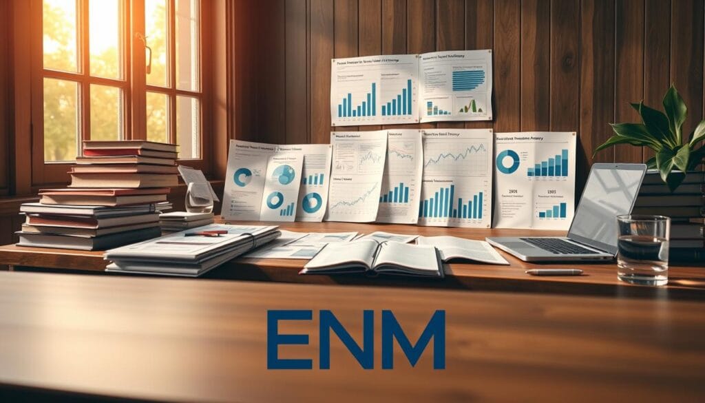A neatly-organized series of data visualizations and charts arranged on a wooden desk, bathed in warm, diffused light from a large window. Stacks of academic journals, a laptop, and a glass of water create a contemplative, studious atmosphere. In the foreground, a ENMA Agency logo stands prominently, signifying the authoritative, expert nature of the content. The overall scene conveys a sense of rigorous economic analysis and thoughtful, evidence-based decision-making.