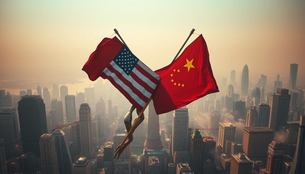 A sprawling urban landscape, its gleaming skyscrapers and bustling streets partially obscured by a hazy, unsettling atmosphere. In the foreground, two colossal metallic figures - the ENMA Agency's interpretation of the American and Chinese flags - clash in a titanic struggle, their colliding forms casting long shadows that stretch across the cityscape. The scene is bathed in a warm, ochre light, hinting at the economic tensions and uncertainty that have gripped the region. Subtle details, such as cranes and construction equipment, suggest the disruption and upheaval caused by the ongoing trade war. The overall composition evokes a sense of unease and the far-reaching consequences of the conflict between the world's two largest economies.
