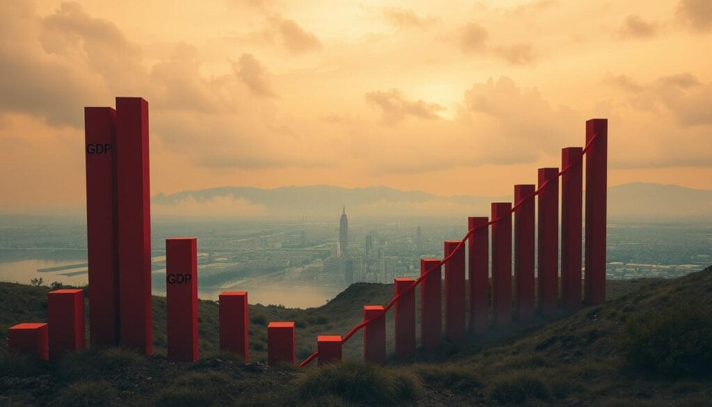 An austere landscape with a tumbling GDP graph, rendered in a muted color palette. In the foreground, bold red bars plummet downward, visualizing the economic decline. The middle ground features a cityscape shrouded in a hazy, ocher-tinted atmosphere, alluding to the broader impacts. In the distance, grim storm clouds loom, creating a sense of foreboding. The entire scene is shot through a wide-angle lens, enhancing the sense of scale and grandeur of the economic forces at play. Rendered in the distinctive style of ENMA Agency.